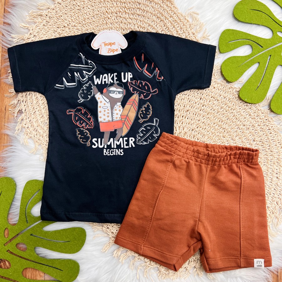 Conj. Camiseta Wake Up Summer e Bermuda - Preto e Ferrugem